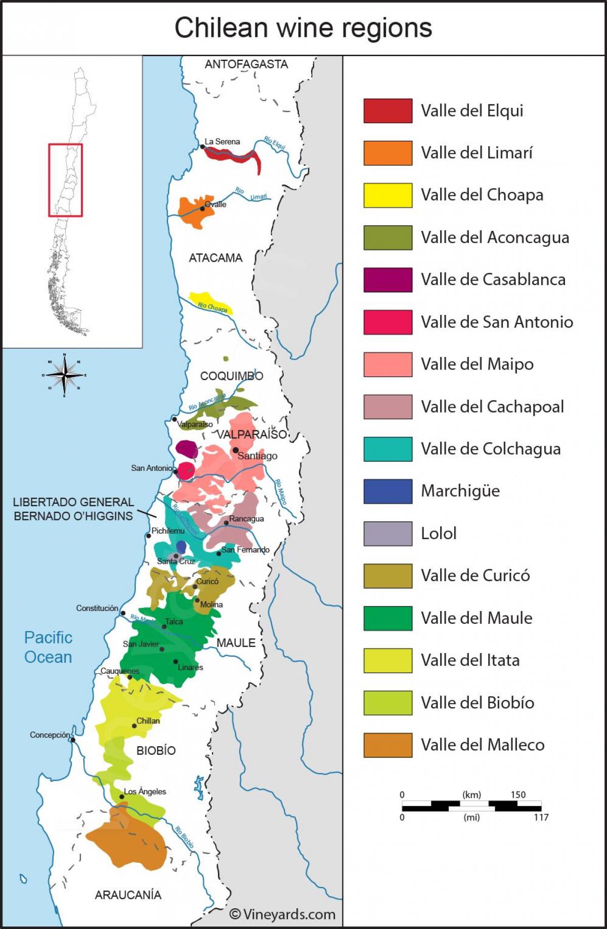 Mapa Čile vinárske regióny 