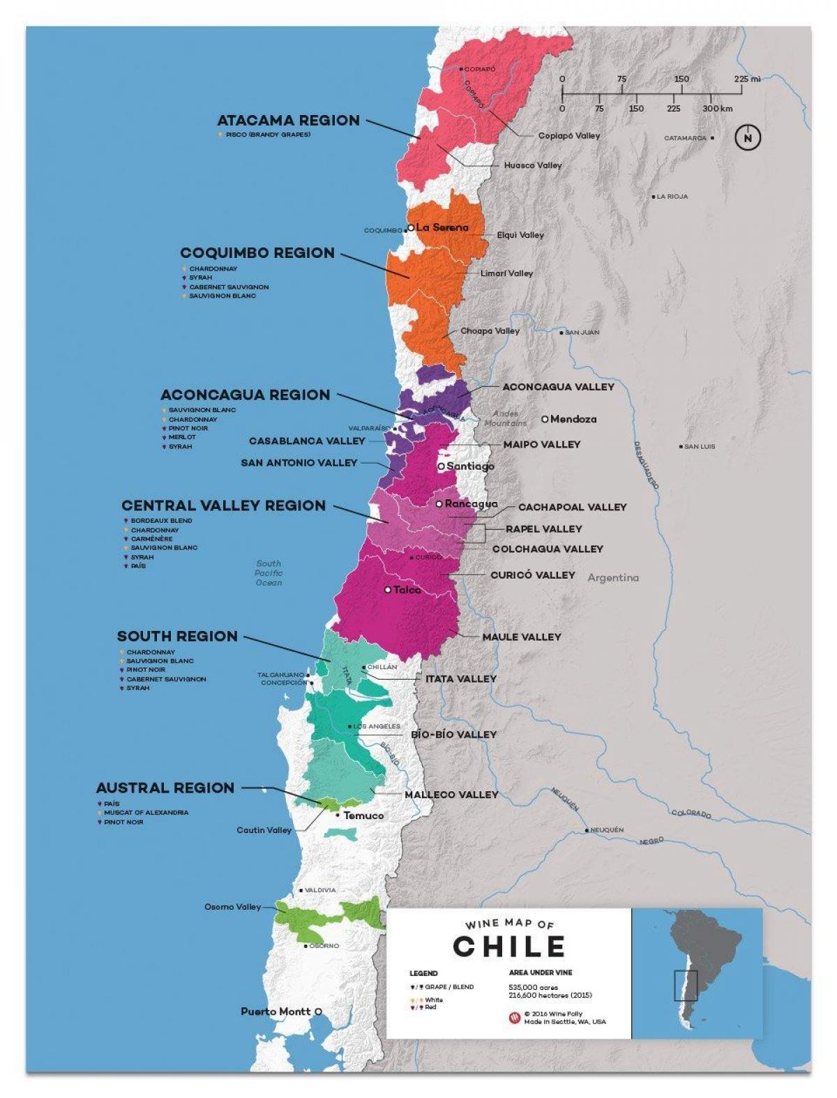 Čile vína krajiny mapu
