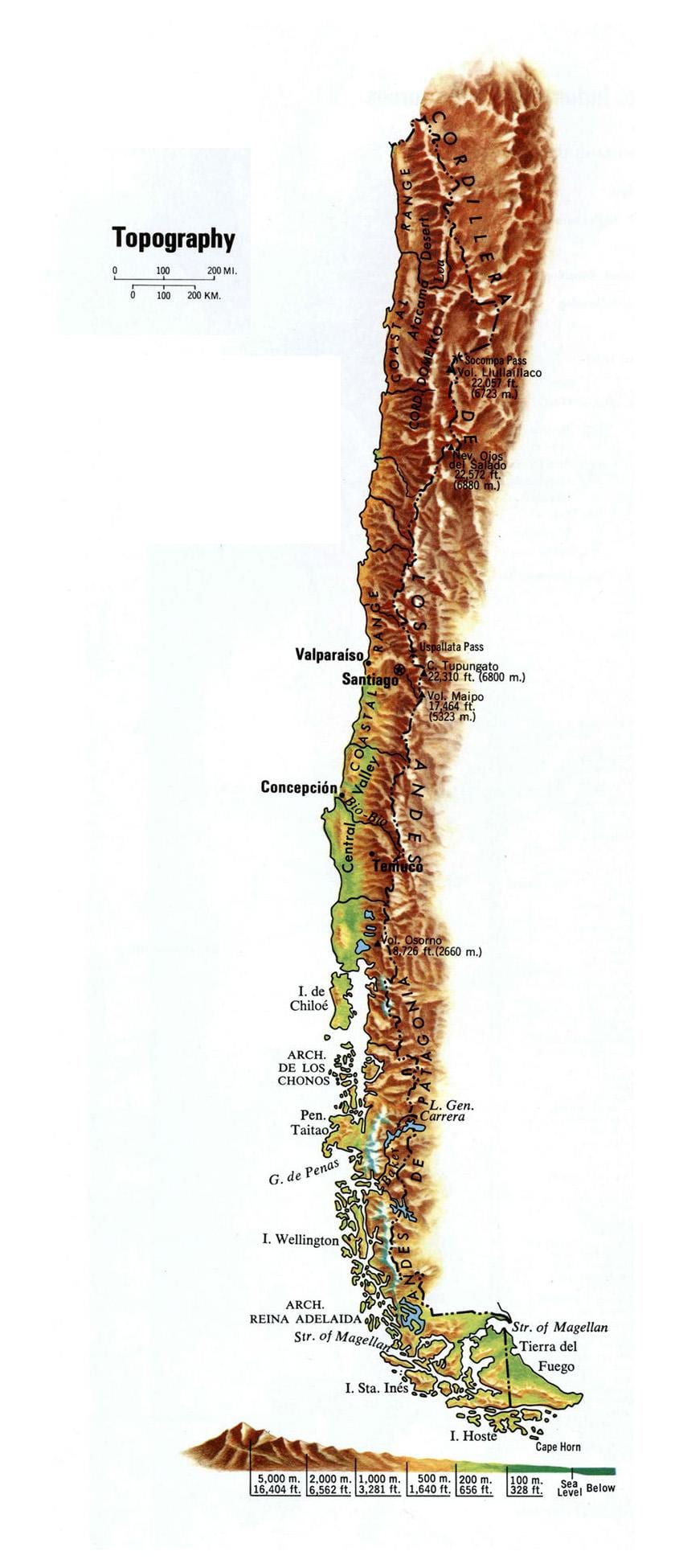 Mapa Čile topografické